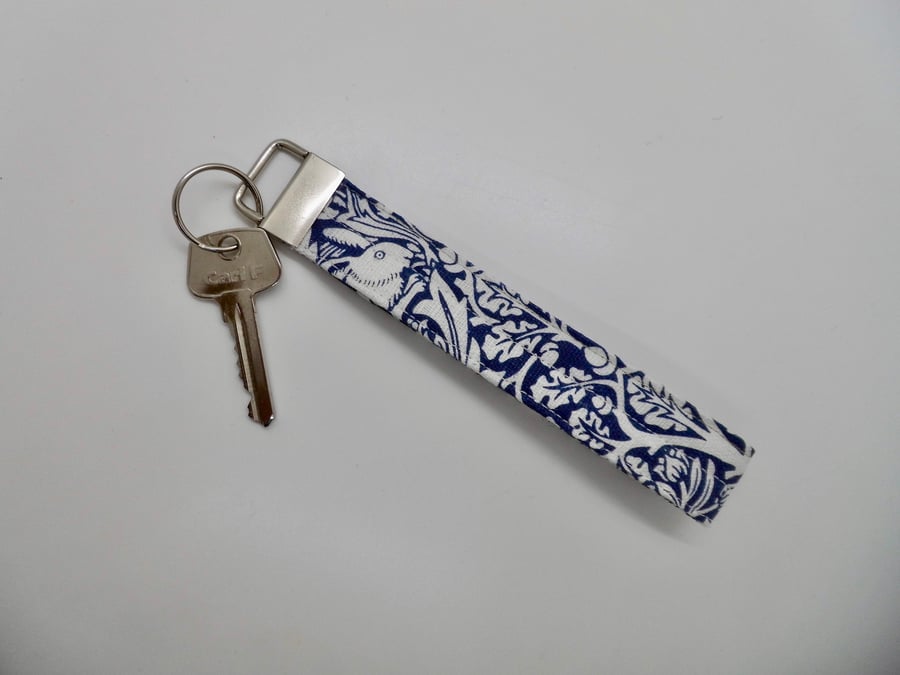 Key ring wrist strap in blue and white William Morris fabric