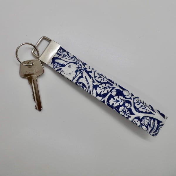 Key ring wrist strap in blue and white William Morris fabric