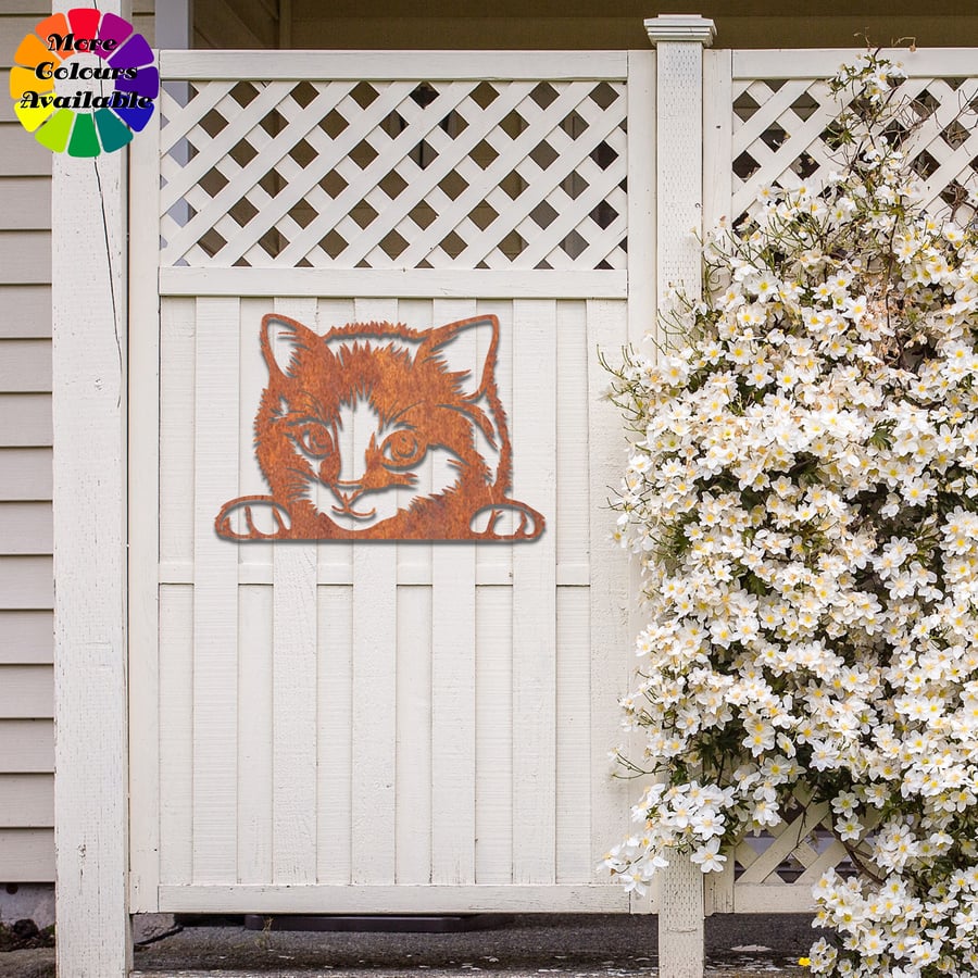 Peeking Metal Cat Wall Decor, Rustic Rusted Garden Wall Art, Unique Gift Idea