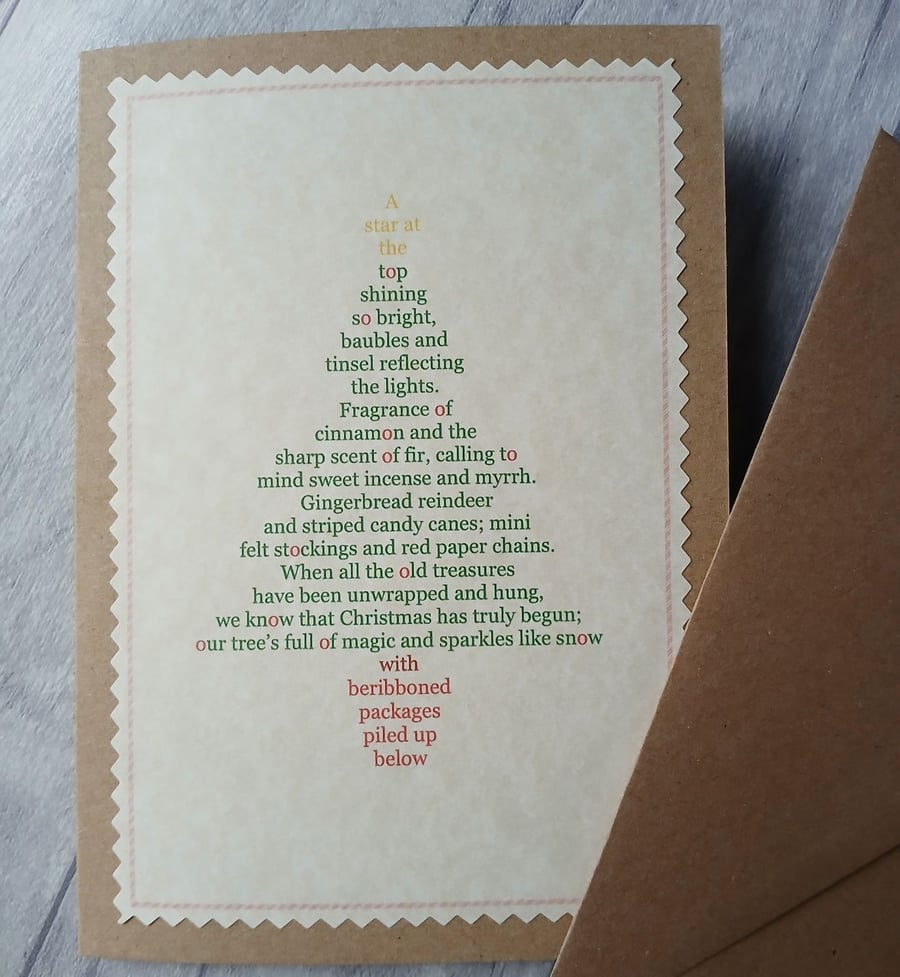 'Decorating the Tree' Poetry Christmas Card, Calligramme, Christmas Tree Card