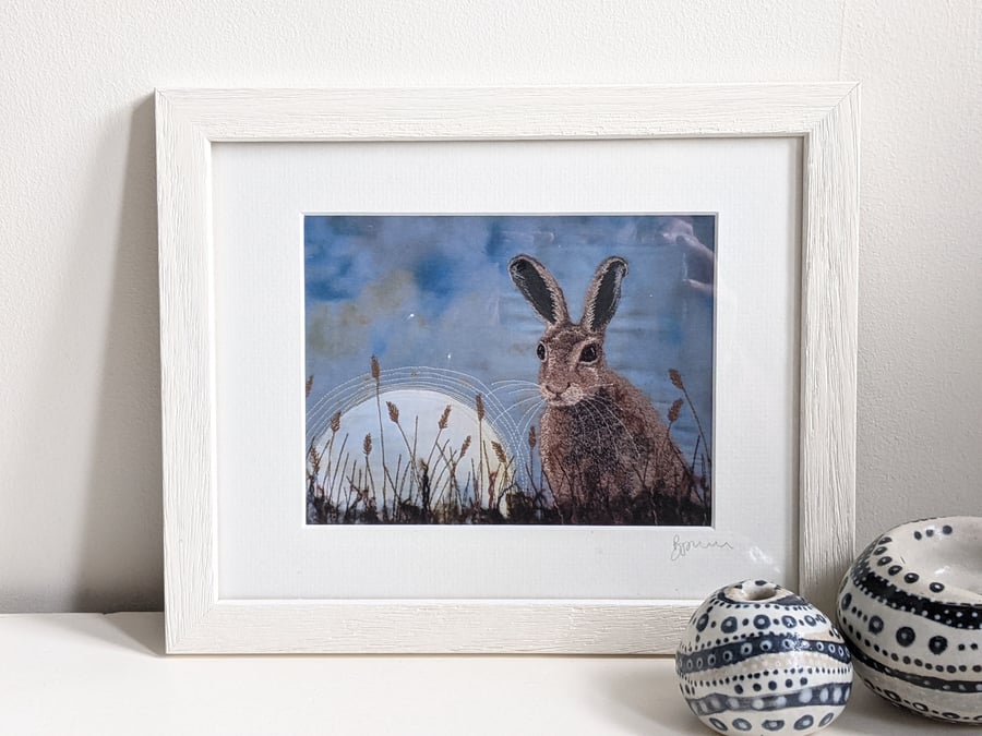 Moonlit Hare framed print, embroidered textile art