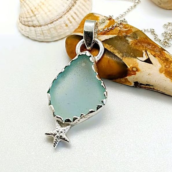 Seaglass pendant with starfish sterling silver 