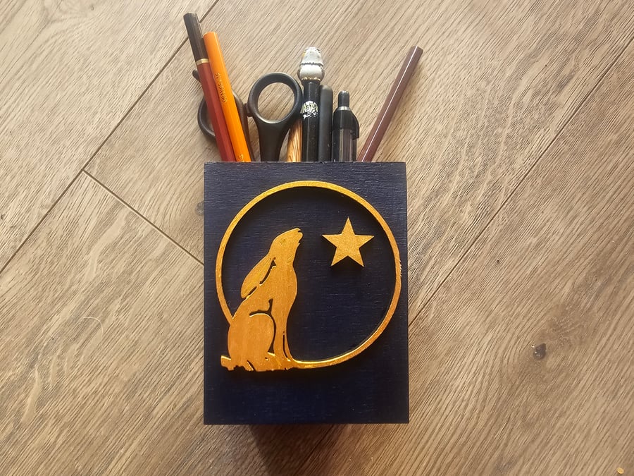 Moongazing Hare Wooden Pen Pot, Desk TIdy, Storage 
