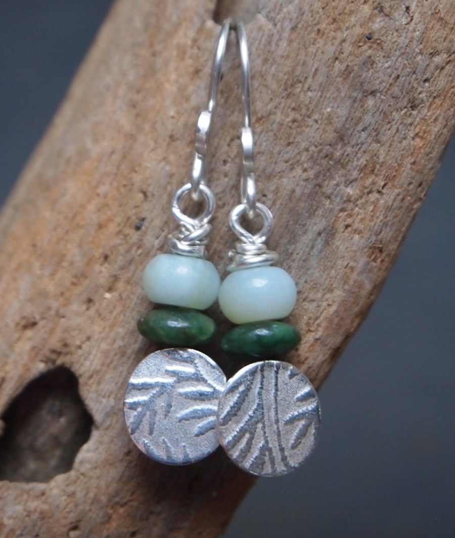 Earrings, silver leaf earrings, green jade earrings