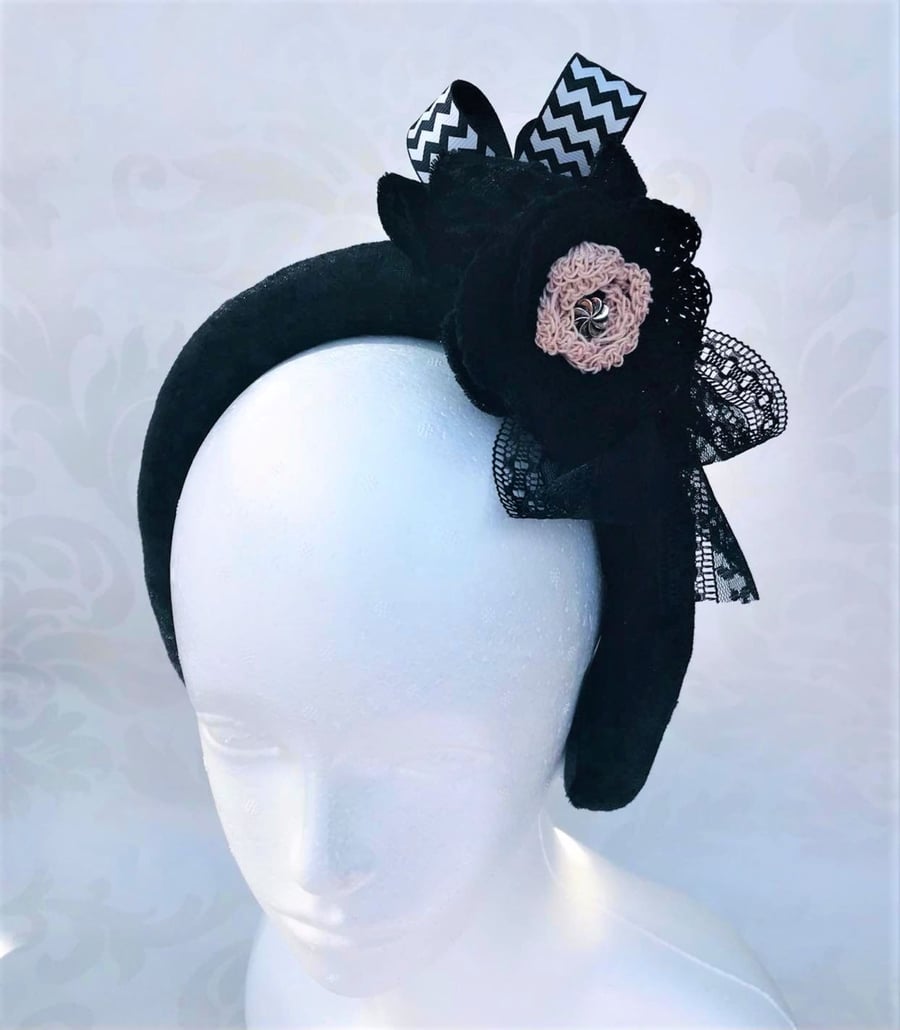 Black Padded Headband Fascinator velvet Headpiece Wedding Races Hairband Halo