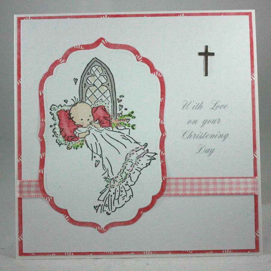 Handmade, pink, baby's christening card