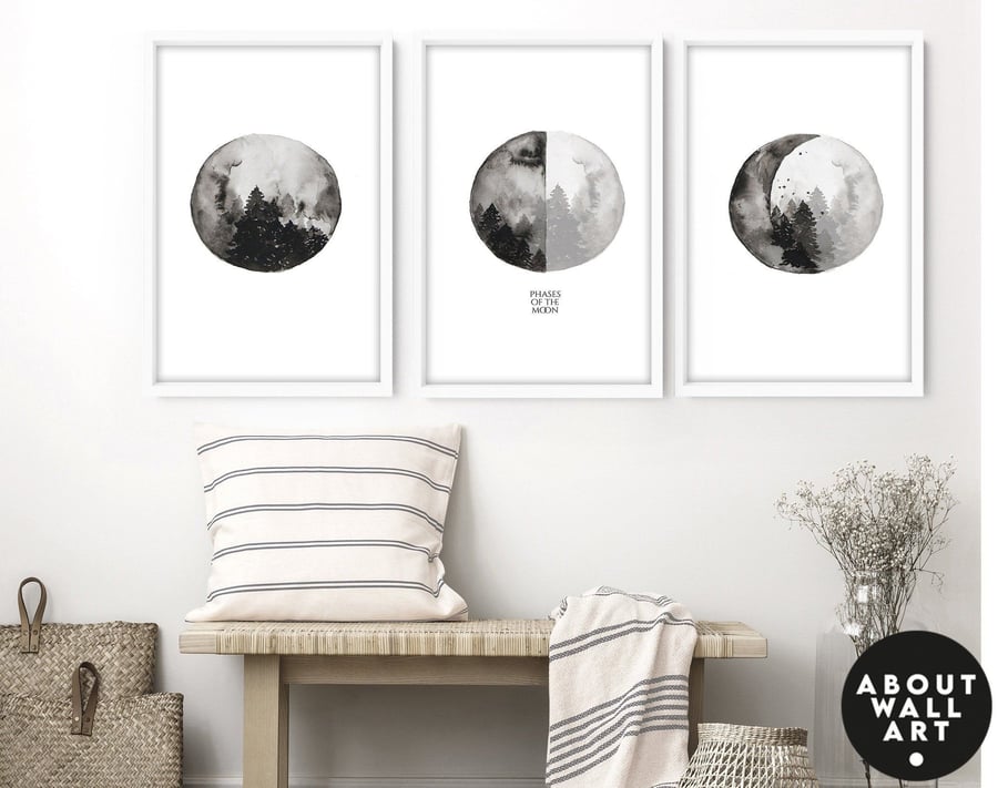 Home Decor living room, moon phases wall hanging set x 3 art Prints, home office
