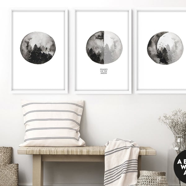 Home Decor living room, moon phases wall hanging set x 3 art Prints, home office