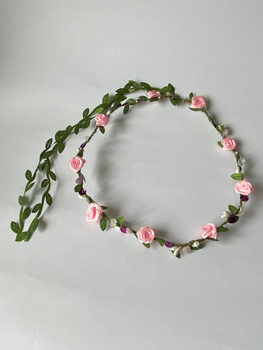 Light Pink Fabric Flower Crown with sequins & crystals - One size, Long Lasting!