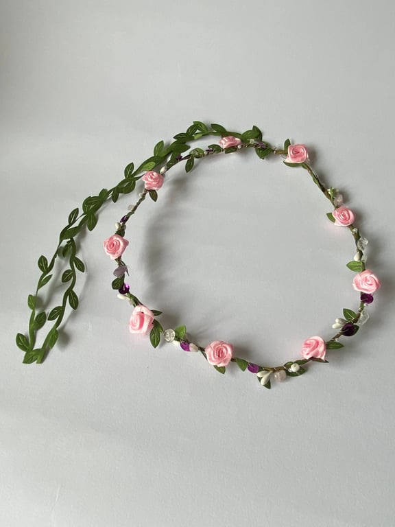 Light Pink Fabric Flower Crown with sequins & crystals - One size, Long Lasting!