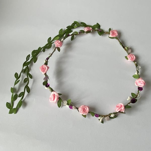 Light Pink Fabric Flower Crown with sequins & crystals - One size, Long Lasting!