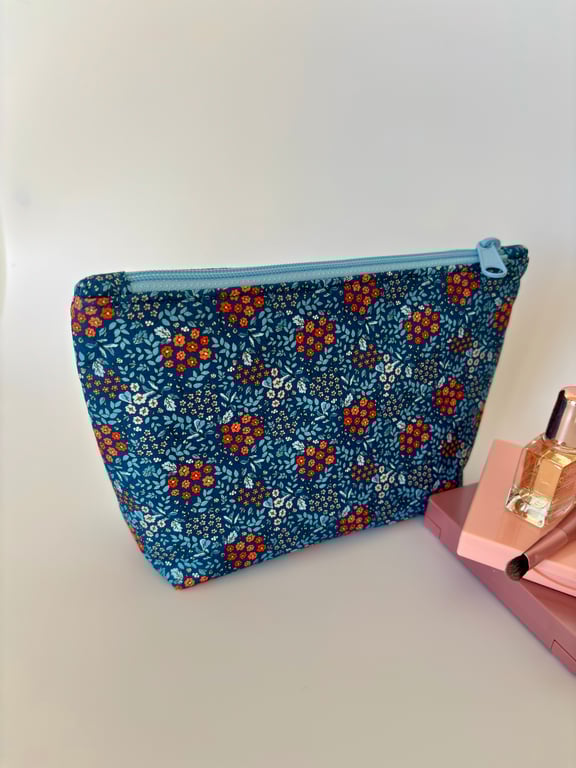 Make up bag, small toiletry bag, water resistant lining, in blue floral design