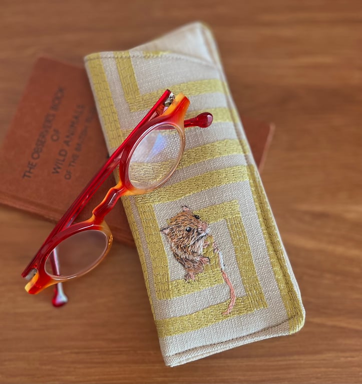 Glasses case with hand embroidered mouse