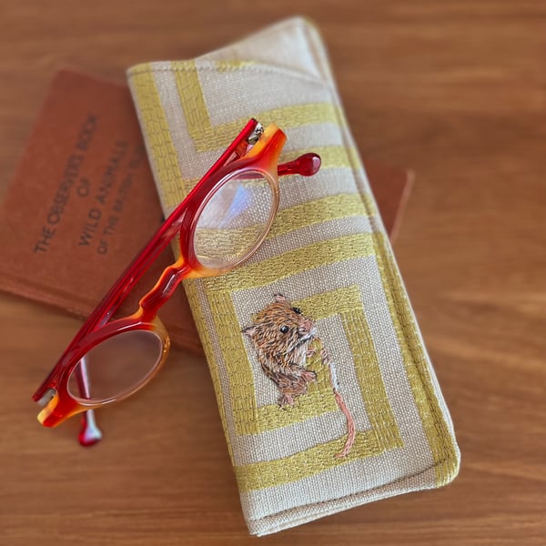 Glasses case with hand embroidered mouse