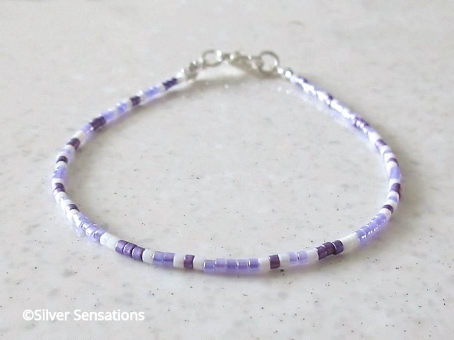 Purple & White Dainty Seed Beads Layering Friendship Bracelet - 6.5" - 8.5"