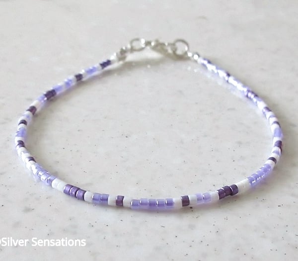 Purple & White Dainty Seed Beads Layering Friendship Bracelet - 6.5" - 8"