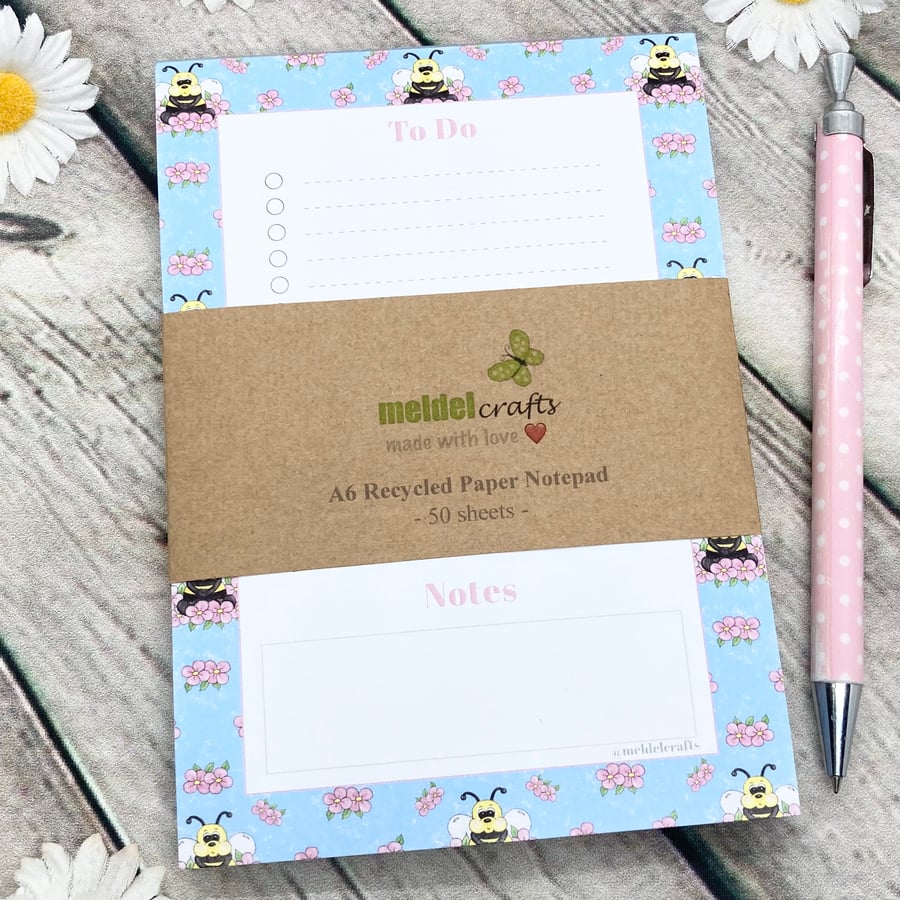 Notepad - A6 Recycled Paper Notepad - Flower Bee - To Do List