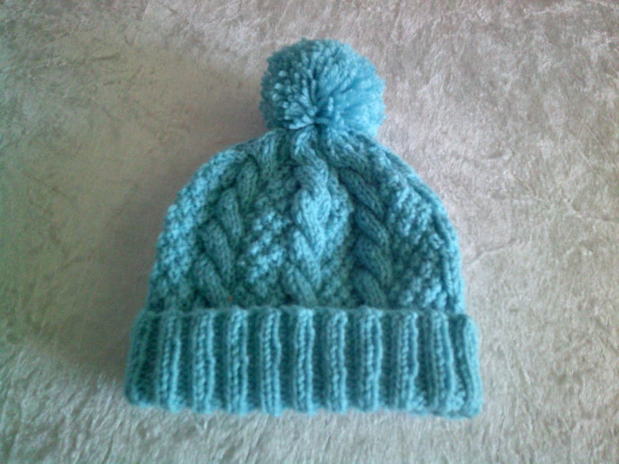 Turquoise Cable and Moss Stitch Baby Bobble Hat