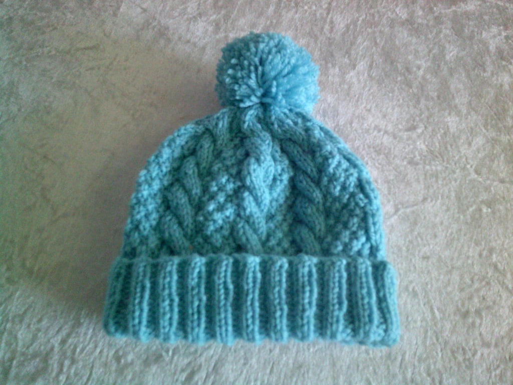 Turquoise Cable and Moss Stitch Baby Bobble Hat