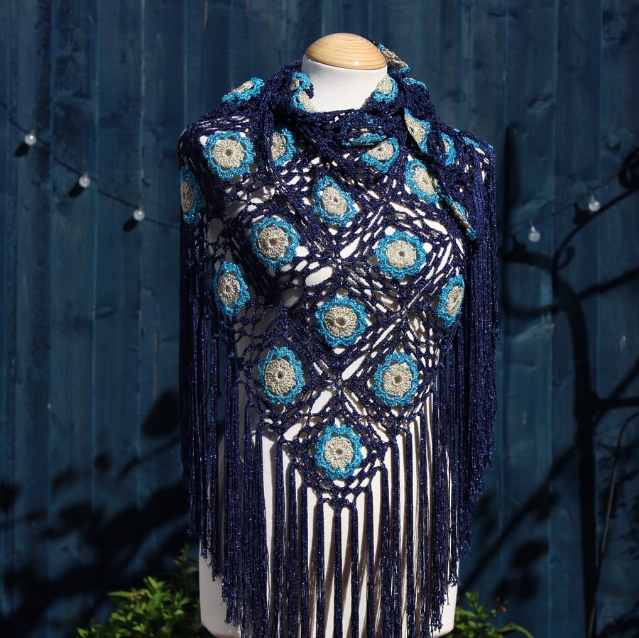 Crochet triangular shawl in sparkly pale gold, turquoise & navy - design LF433