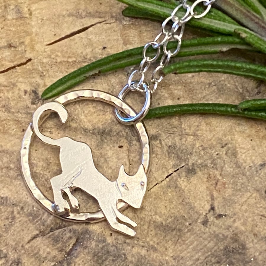 Cat Pendant.Little Cat Sterling Silver Necklace  hand sawn by artist maker. Pet
