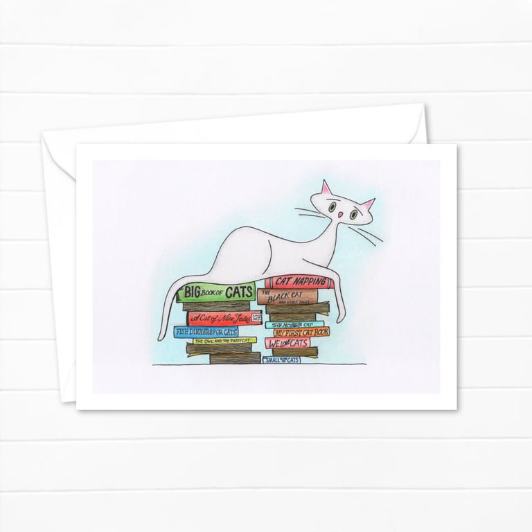 White Cat Greeting Card: Hand Drawn Illustration for a Cat Lover (118)