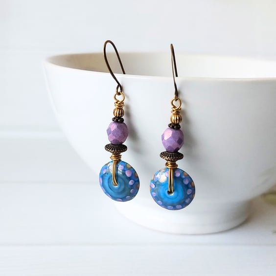 Turquoise & Purple Handmade Drop Earrings