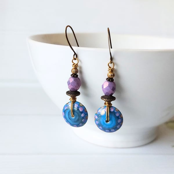 Turquoise & Purple Handmade Drop Earrings