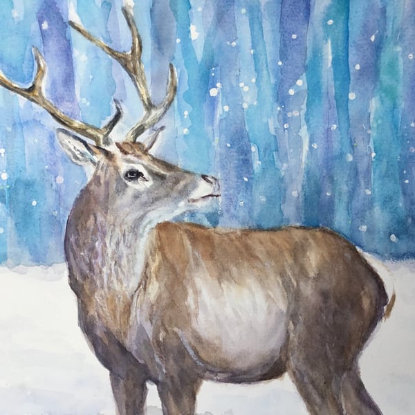 Giclee print of ethereal stag in snow painting