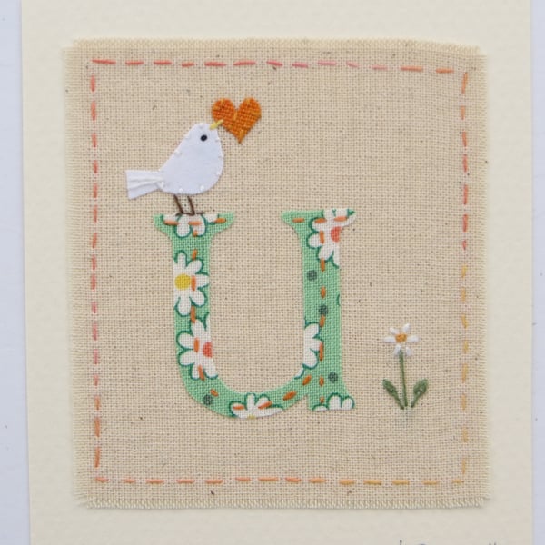 Sweet little letter U card, hand stitched new baby, Christening, 1st birthday ..