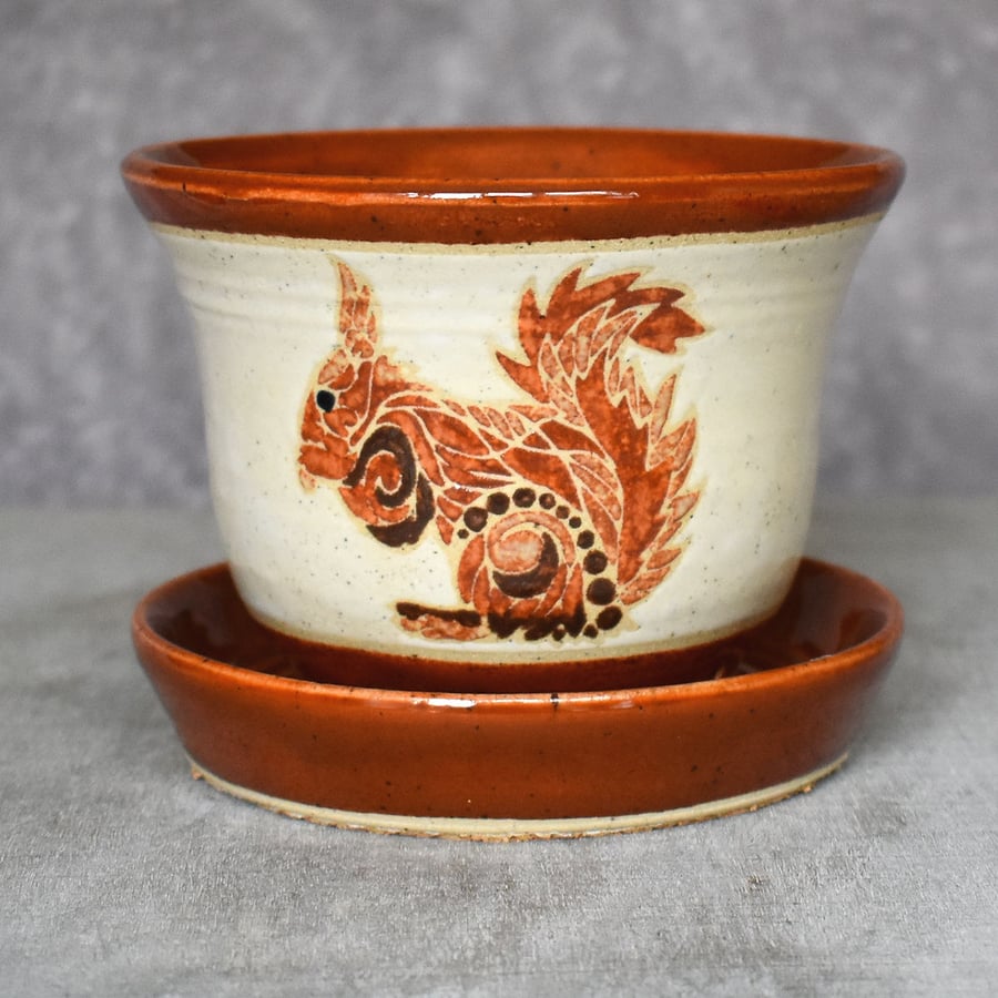 19-250 Hand thrown red squirrel themed plant pot with integral saucer