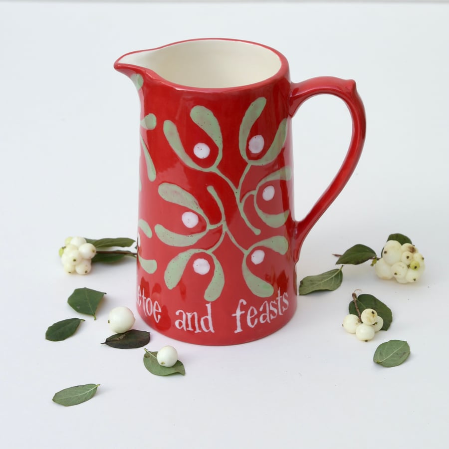Christmas Red Mistletoe Farmhouse Jug with wording - Hand Painted