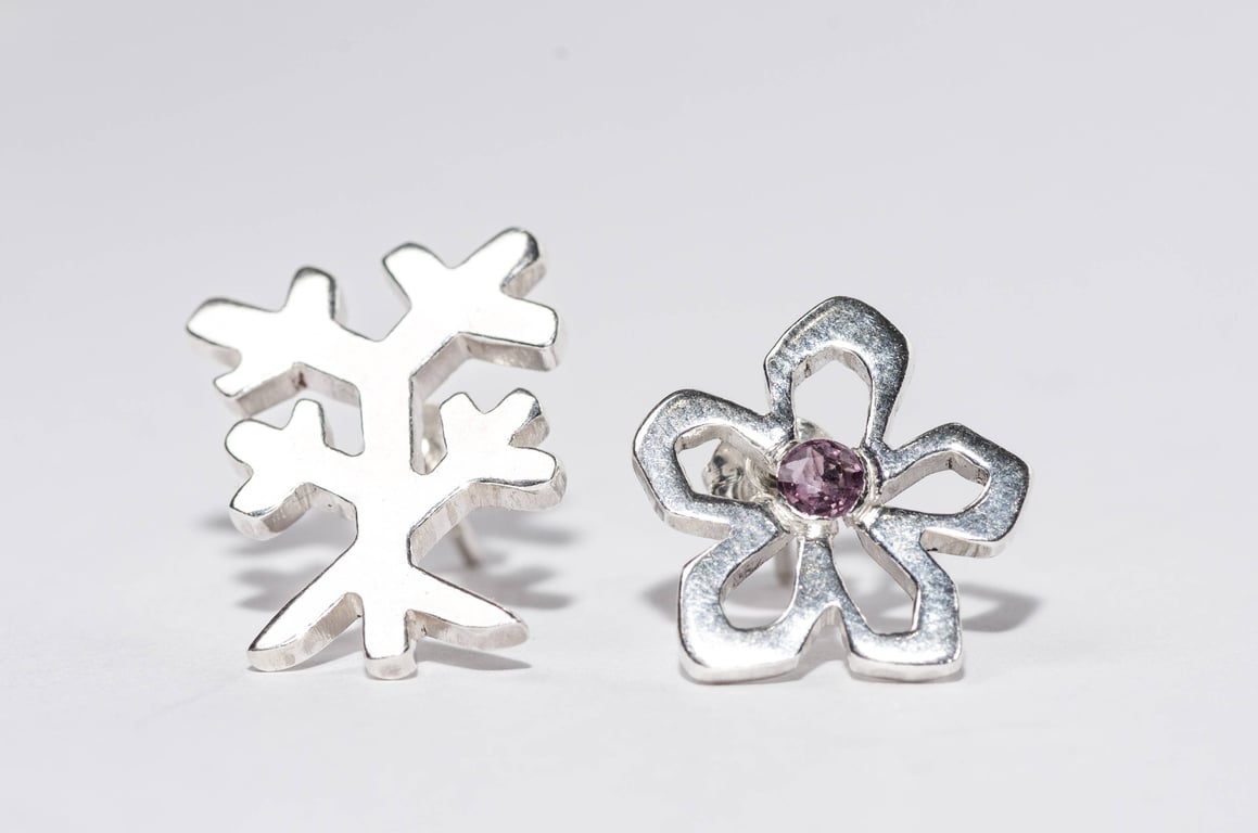 Tao Hua Earrings, Unique Handmade Sterling Silver with Ruby