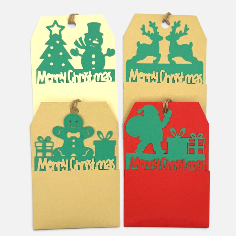Handmade Christmas Gift Tags, Slide In Message Tags, Red Set of 4