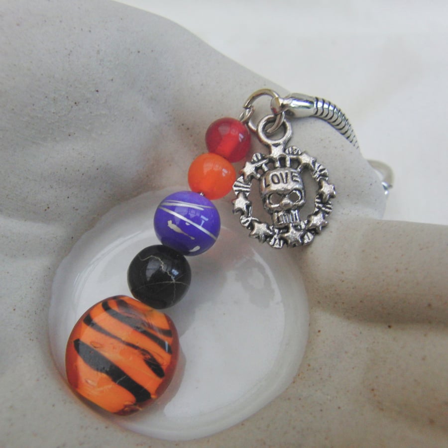 Silver Love Skull Charm and Multi Coloured Glass Bead Key Ring, Halloween