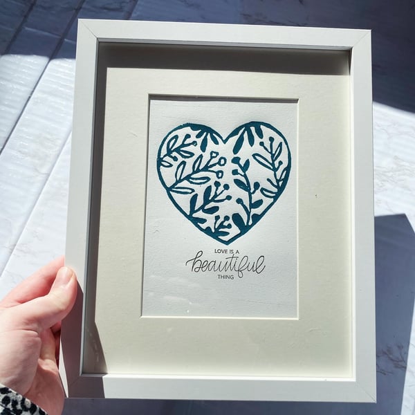 Framed Teal Love Is A Beautiful Thing Lino Print 