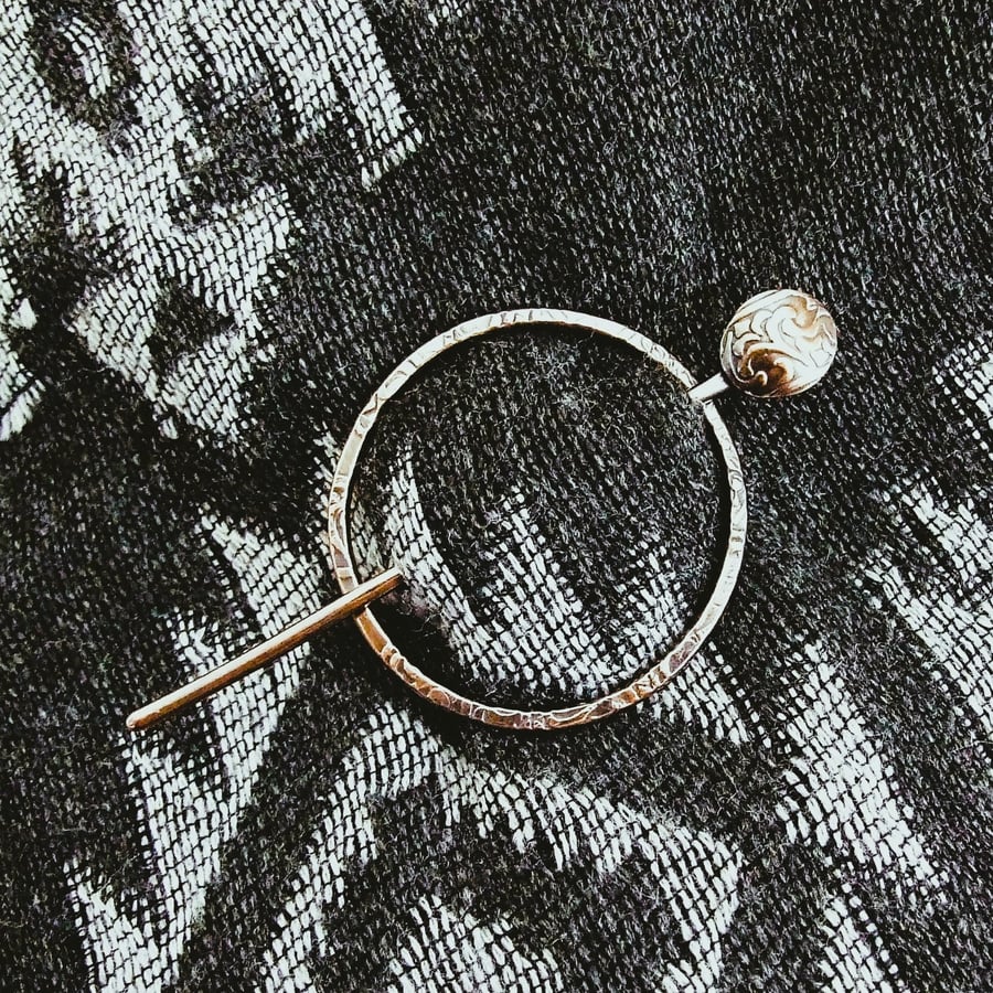 Copper Shawl Pin with Floral Patterned and Antiqued Finish