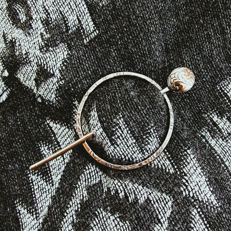 Copper Shawl Pin with Floral Patterned and Antiqued Finish
