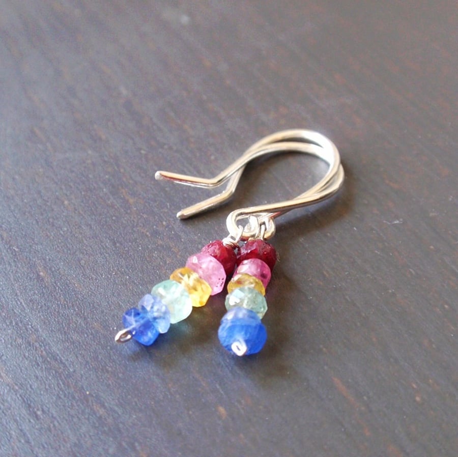 Ruby, sapphire and emerald rainbow earrings, multicoloured gemstone earrings