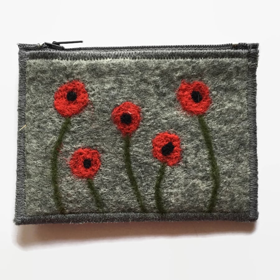 Grey felt purse with poppy design, integral key ring and external pocket