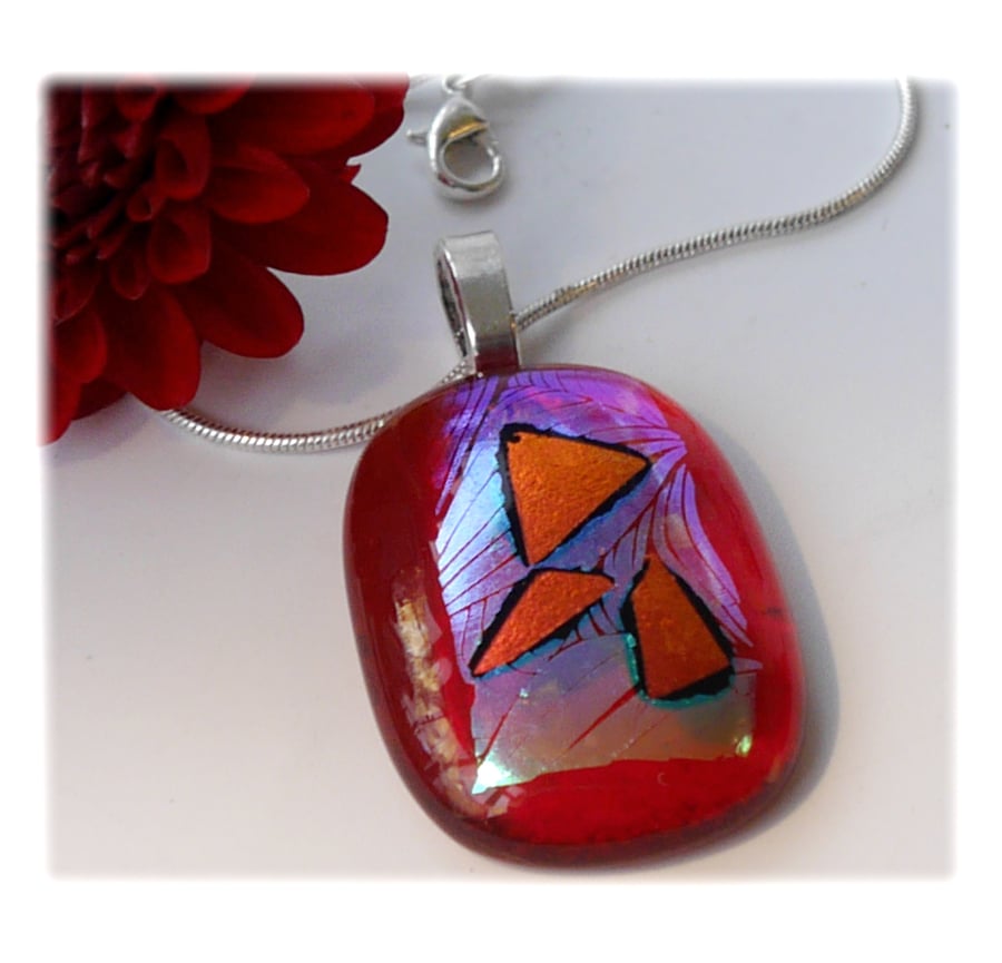 Dichroic Glass Pendant 115 Red Leaf Triangles with silver plated chain