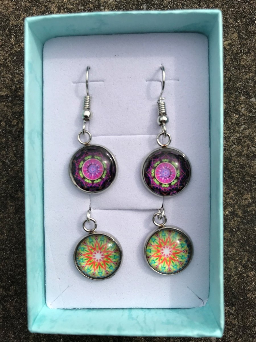 Glass Mosaic Effect Drop Earrings - 2 pairs - Pink & Orange