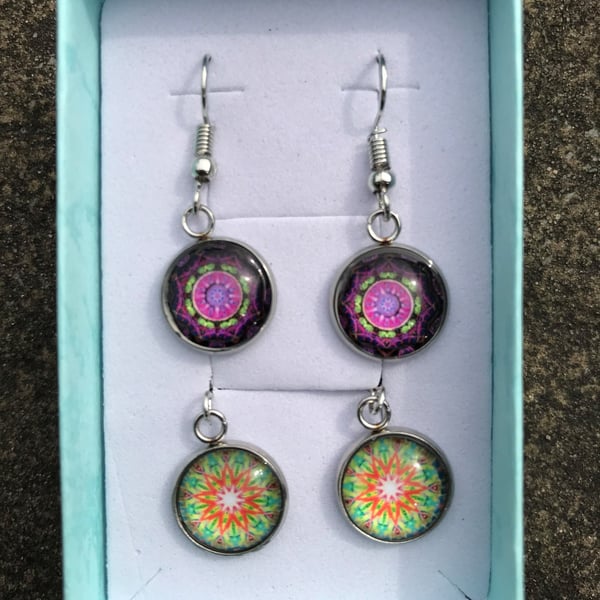 Glass Mosaic Effect Drop Earrings - 2 pairs - Pink & Orange