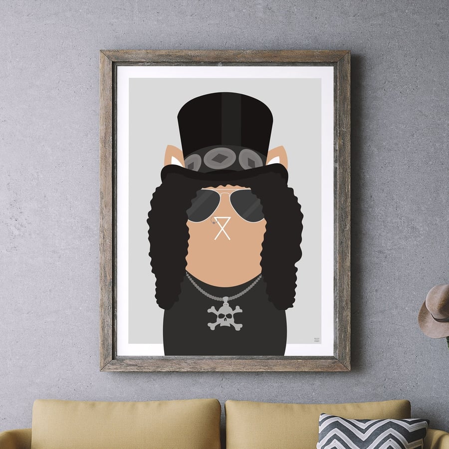 Slash Fan Art Print, Music Print, Guns N' Roses, Musical Cat Print, Cat Art