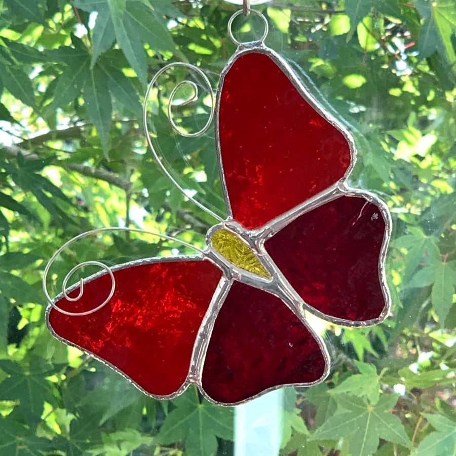 Stained Glass Butterfly Suncatcher - Handmade Decoration - Red