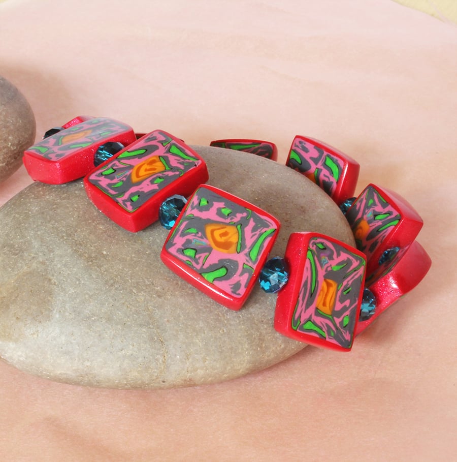  Bead Bracelet - Handmade Polymlymer Clay Beads -Red Bracelet - Hippy Bracelet 