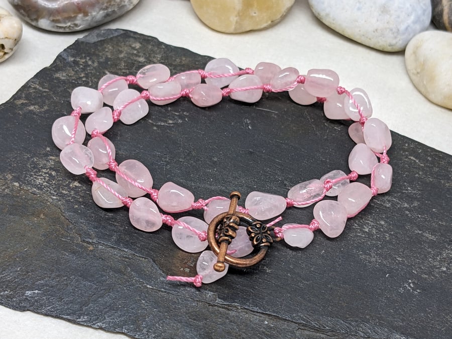 Rose quartz nugget knotted double wrap bracelet with lobster clasp