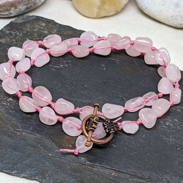 Rose quartz nugget knotted double wrap bracelet with lobster clasp