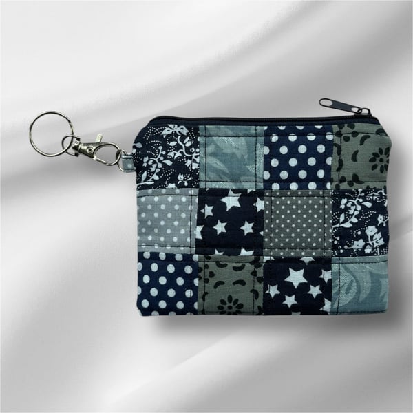 Quilt Patchwork Coin purse in Navy and grey squares with key fob