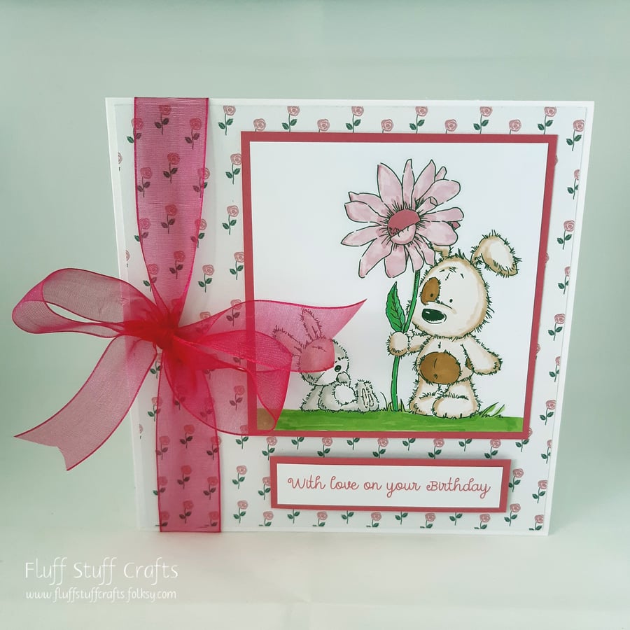 Handmade birthday card - dog and bunny friends